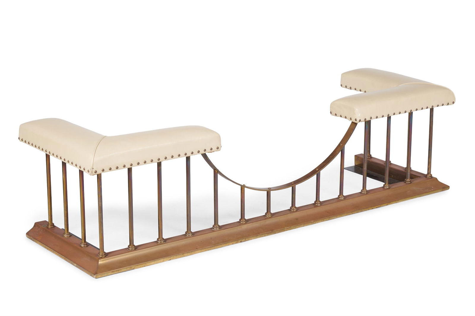 A POLISHED BRASS, COPPER AND LEATHER UPHOLSTERED CLUB FENDER, LATE 20TH CENTURY (1 of 2)