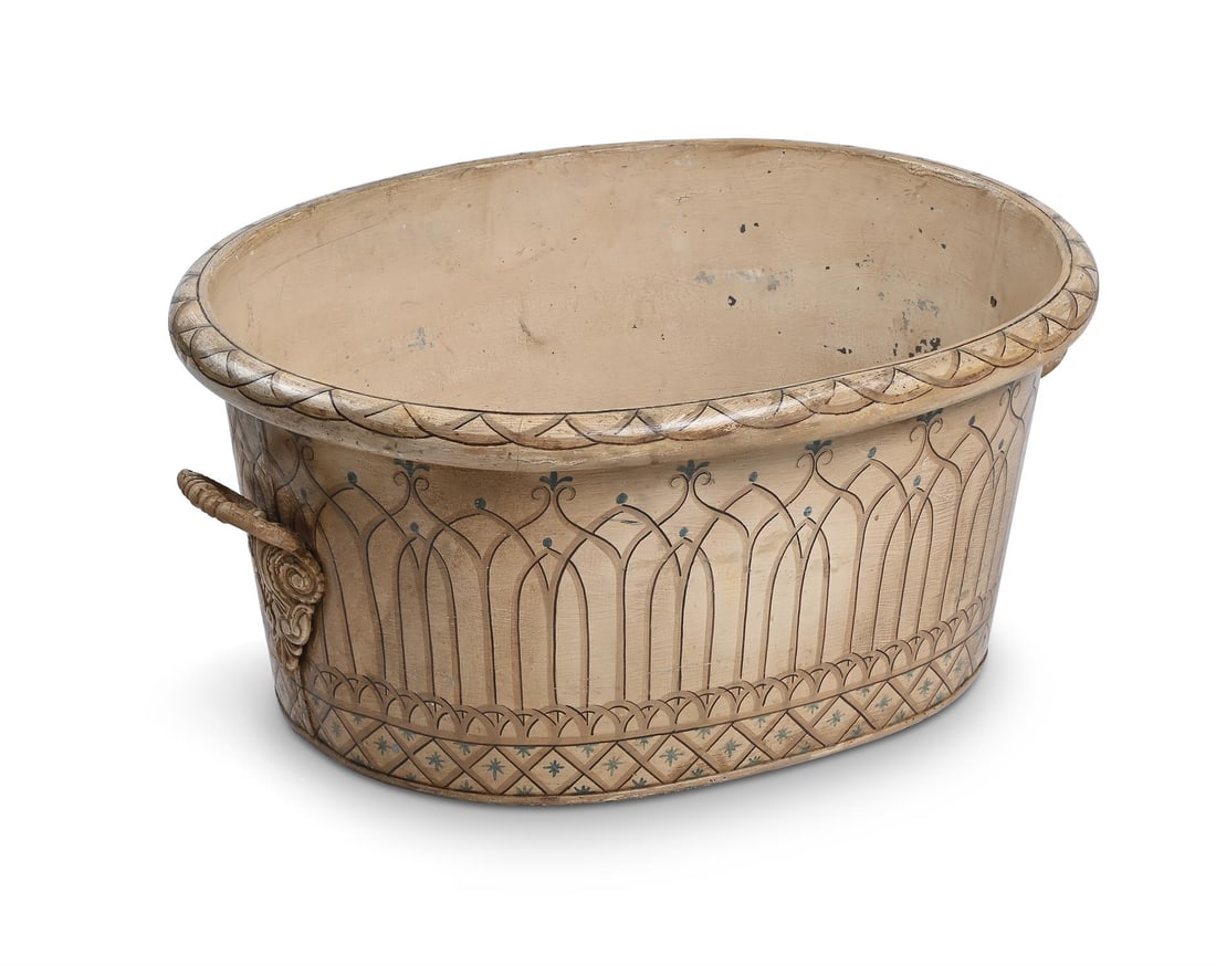 A PAINTED TOLE WINE COOLER OR PLANTER, 19TH CENTURY: A PAINTED TOLE WINE COOLER OR PLANTER19TH CENTURYPainted in the Brighton Pavilion manner25.5cm high, 58cm wide, 44cm deep