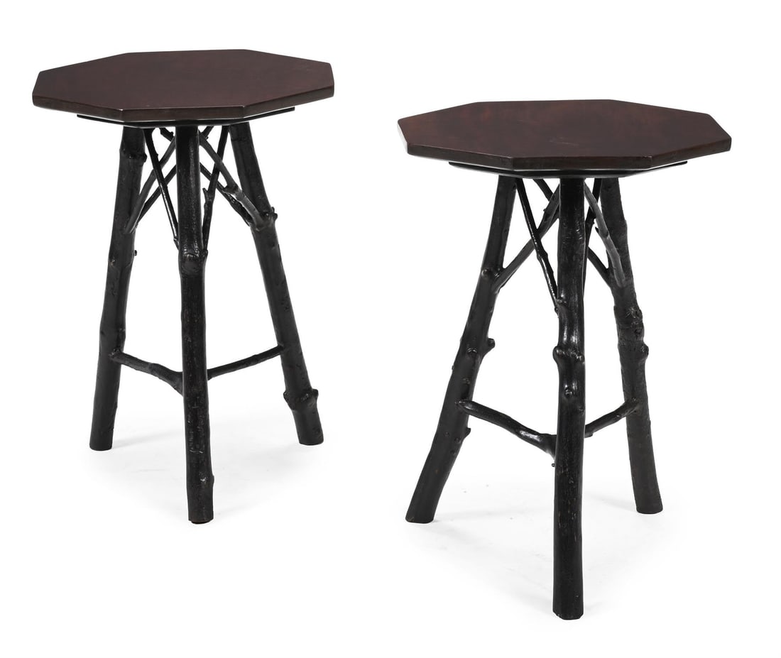 A PAIR OF MAHOGANY AND EBONISED HEXAGONAL OCCASIONAL TABLES, LATE 19TH OR 20TH CENTURY (1 of 3)