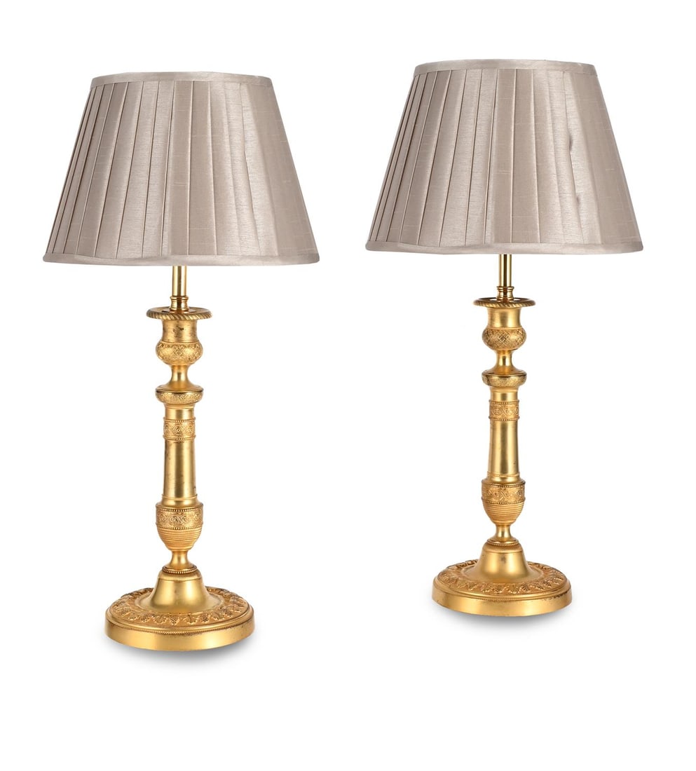 A PAIR OF EMPIRE REVIVAL GILT BRONZE LAMP BASES, MID 19TH CENTURY (1 of 3)