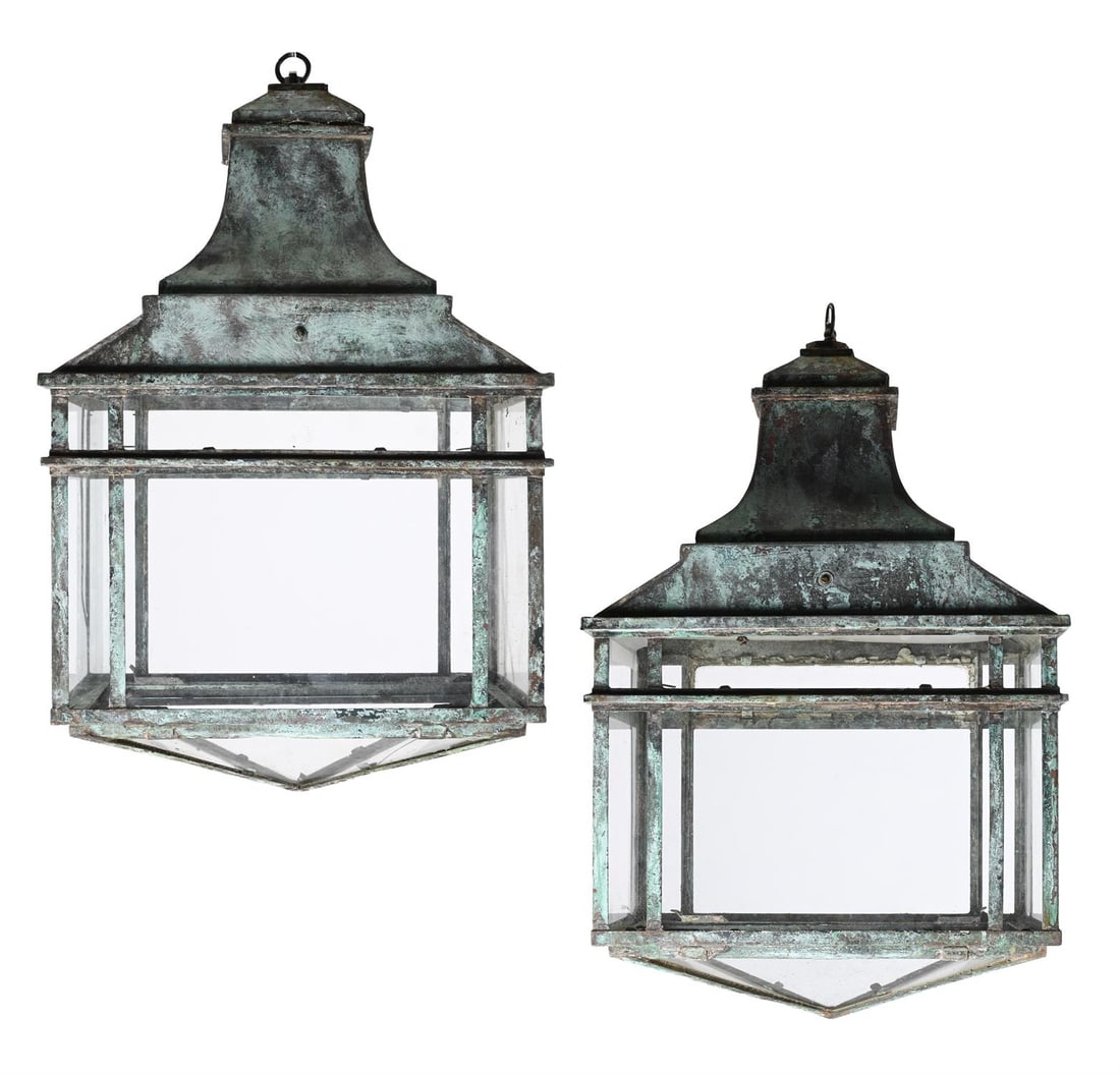 A LARGE PAIR OF PATINATED COPPER HANGING LANTERNS, EARLY 20TH CENTURY: A LARGE PAIR OF PATINATED COPPER HANGING LANTERNS EARLY 20TH CENTURY 77cm high excluding loop, 51cm wide, 33cm deep