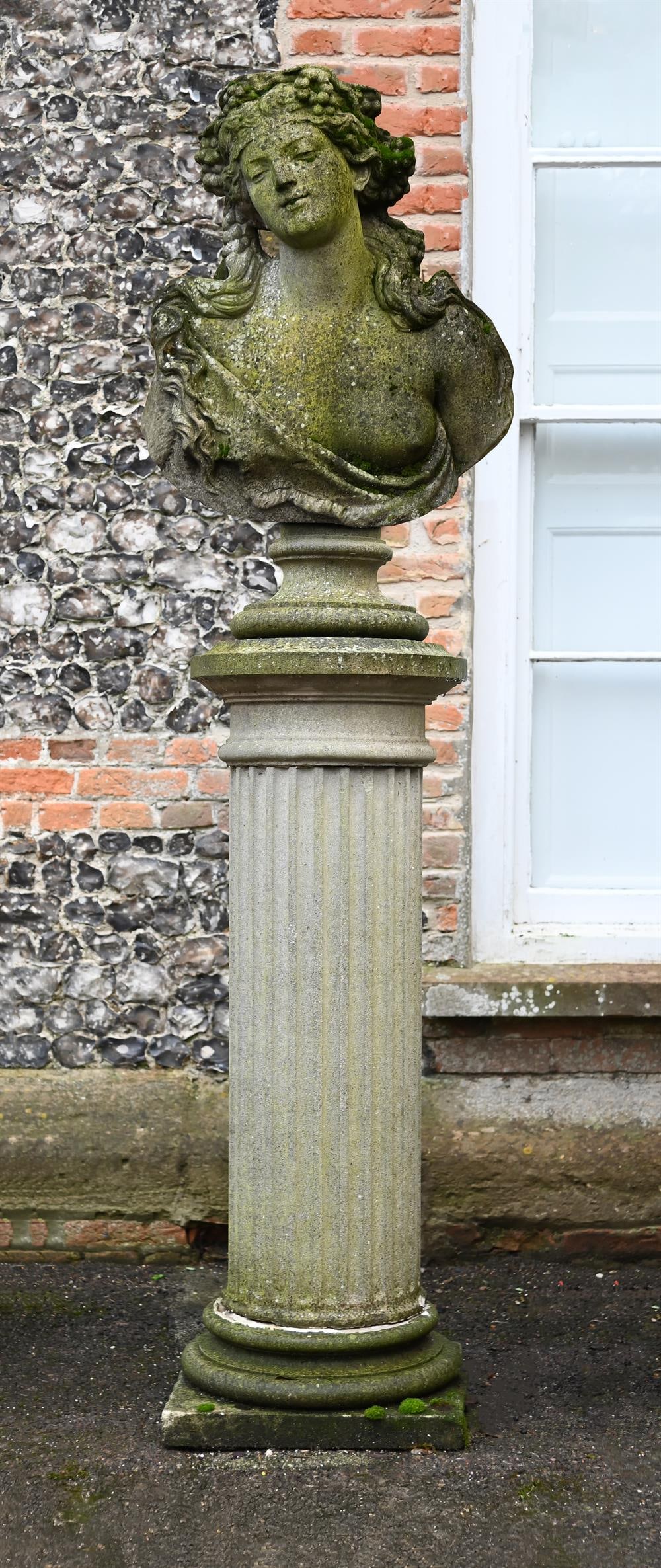 A COMPOSITION STONE BUST OF A BACCHANTE ON COLUMN SUPPORT, CONTEMPORARY (1 of 1)