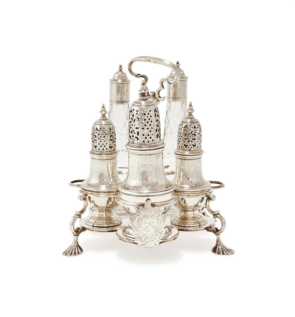 A GEORGE II SILVER WARWICK CRUET STAND (1 of 3)