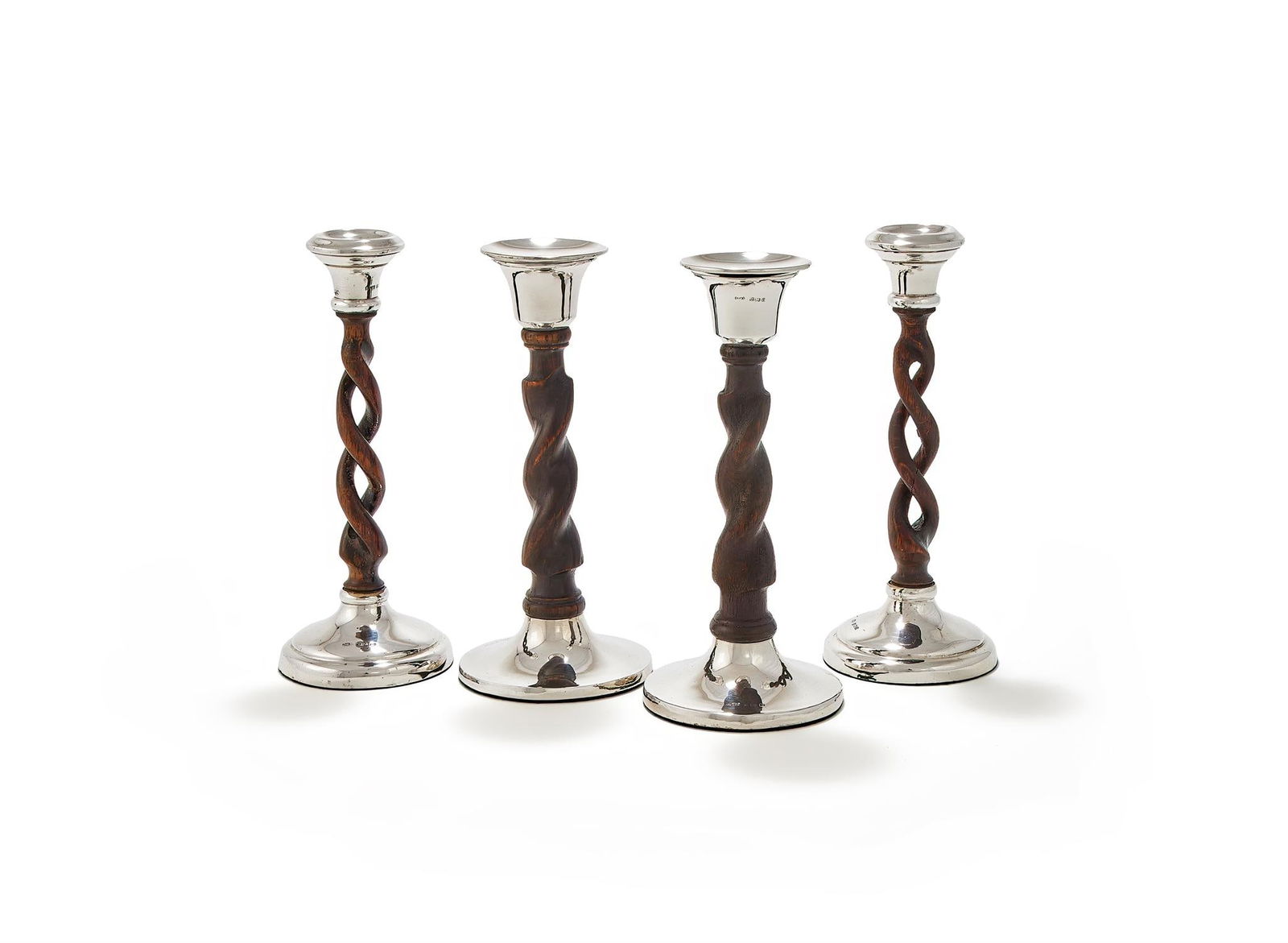 TWO PAIRS OF SILVER MOUNTED TURNED WOOD CANDLE STICKS (1 of 3)