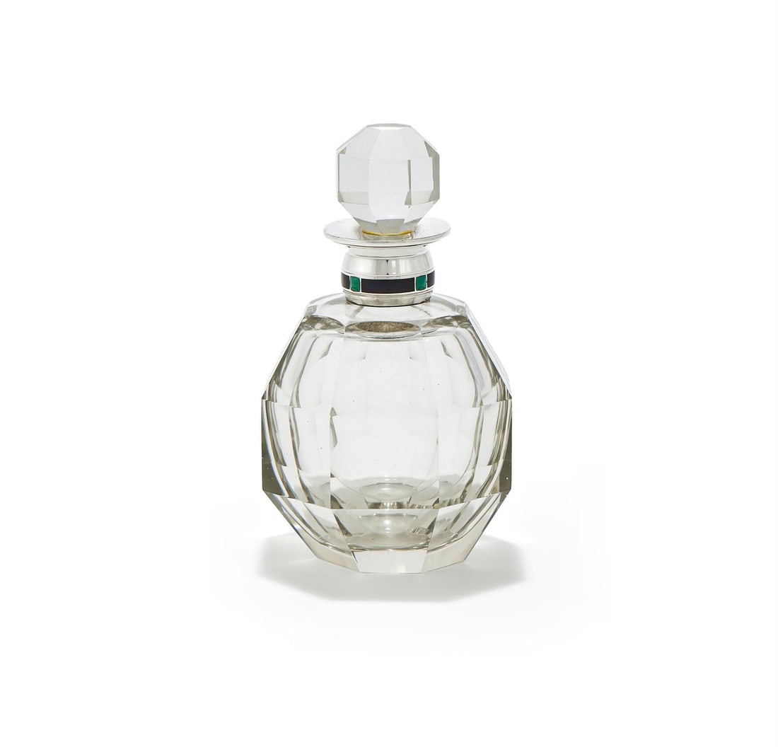 A FRENCH SILVER AND ENAMEL MOUNTED GLASS SCENT BOTTLE (1 of 1)