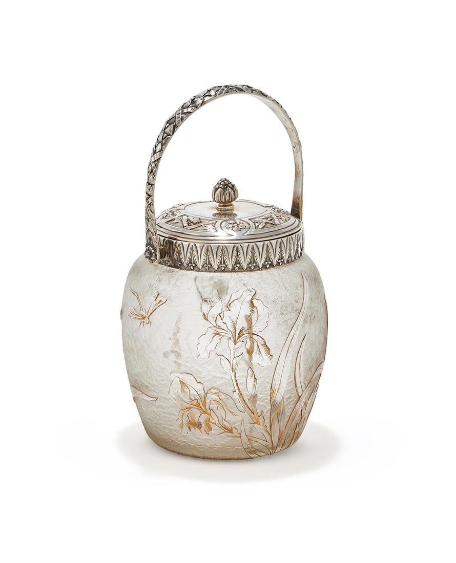 A FRENCH ART NOUVEAU SILVER MOUNTED GLASS BISCUIT BARREL (1 of 3)