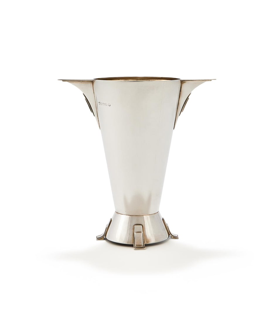 A SILVER TWIN HANDLED TAPERING VASE (1 of 3)