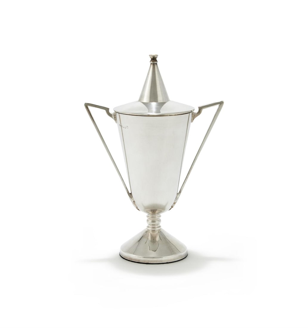 A SILVER TWIN HANDLED CUP AND COVER (1 of 3)