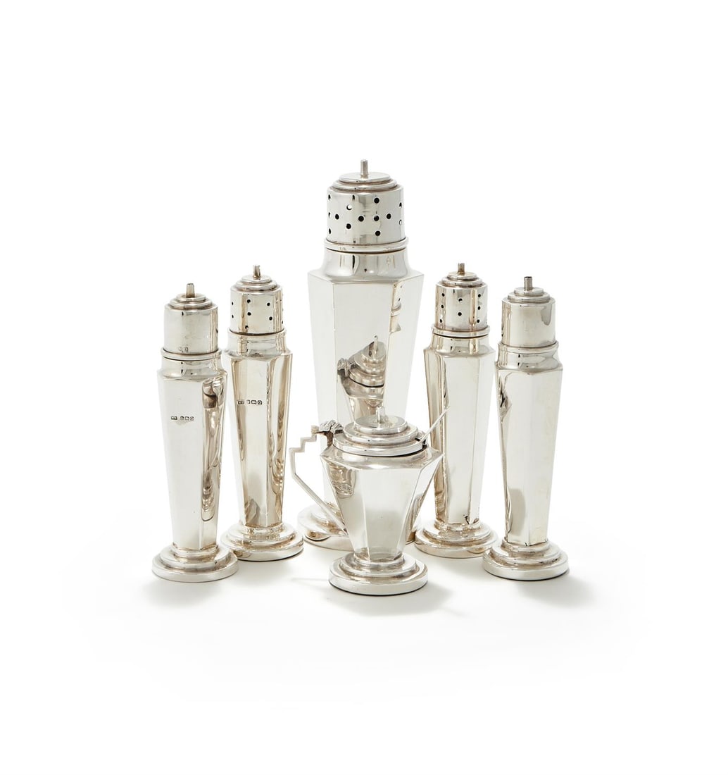 A CASED SILVER SIX PIECE TAPERING HEXAGONAL CRUET SET (1 of 3)