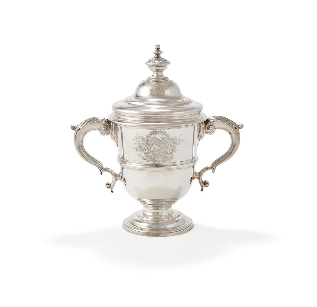 A GEORGE II SILVER TWIN HANDLED CUP AND COVER (1 of 3)