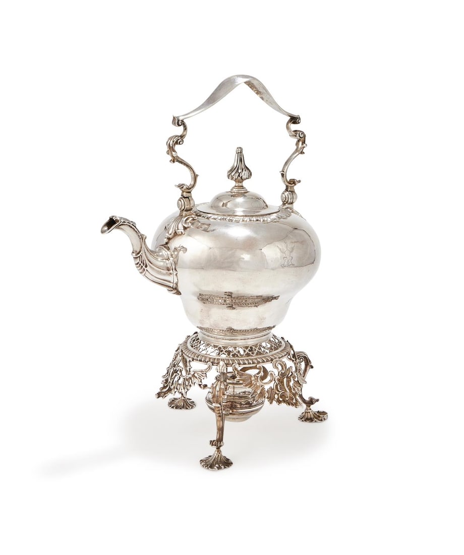 A GEORGE III SILVER KETTLE ON STAND (1 of 4)