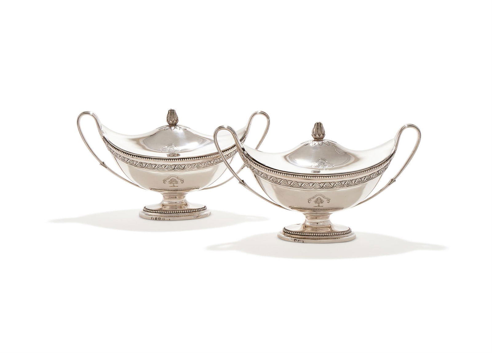 A PAIR OF GEORGE III SILVER SAUCE TUREENS AND COVERS (1 of 3)
