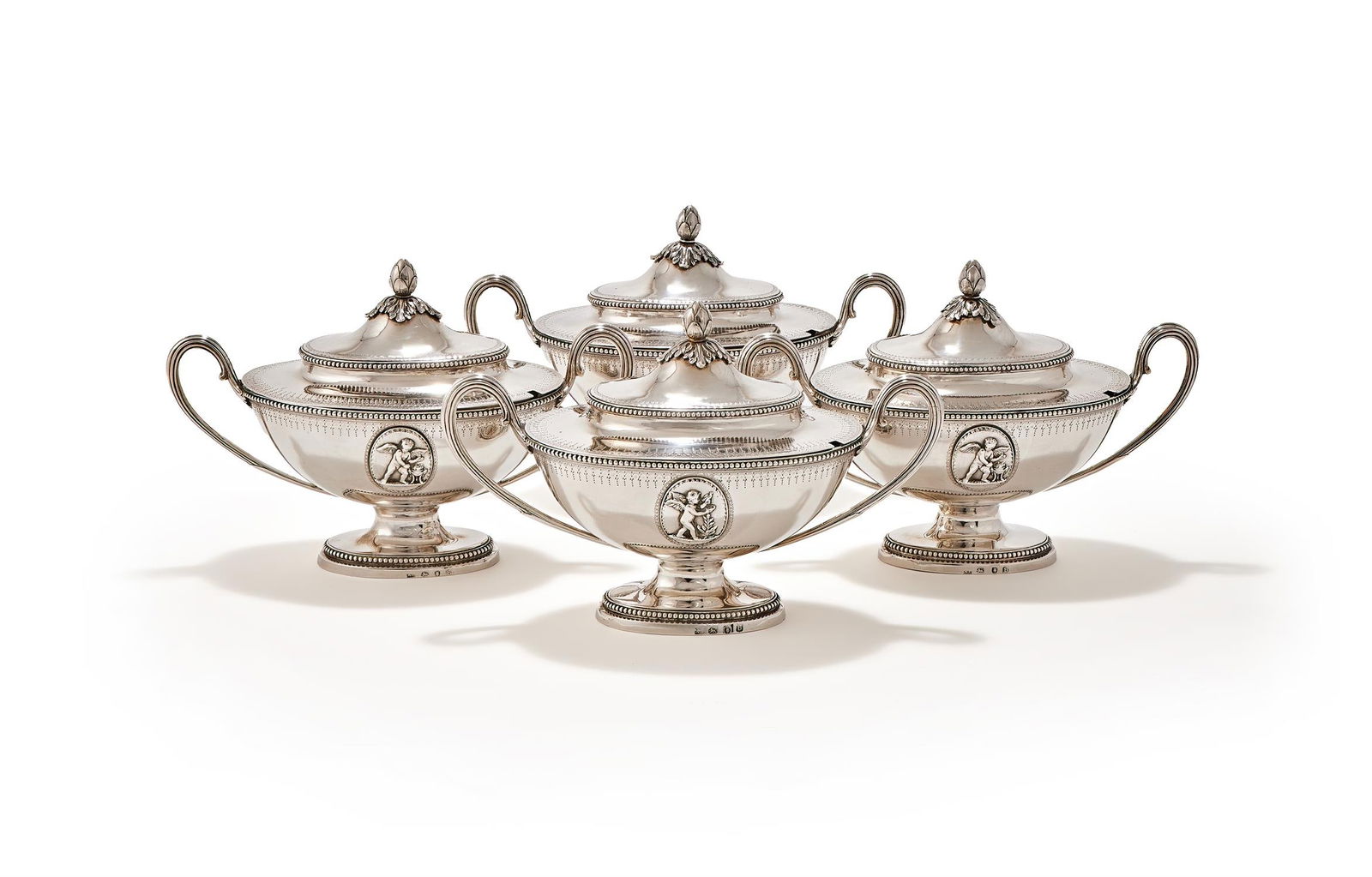 A SET OF FOUR GEORGE III SILVER OVAL SAUCE TUREENS AND COVERS (1 of 3)