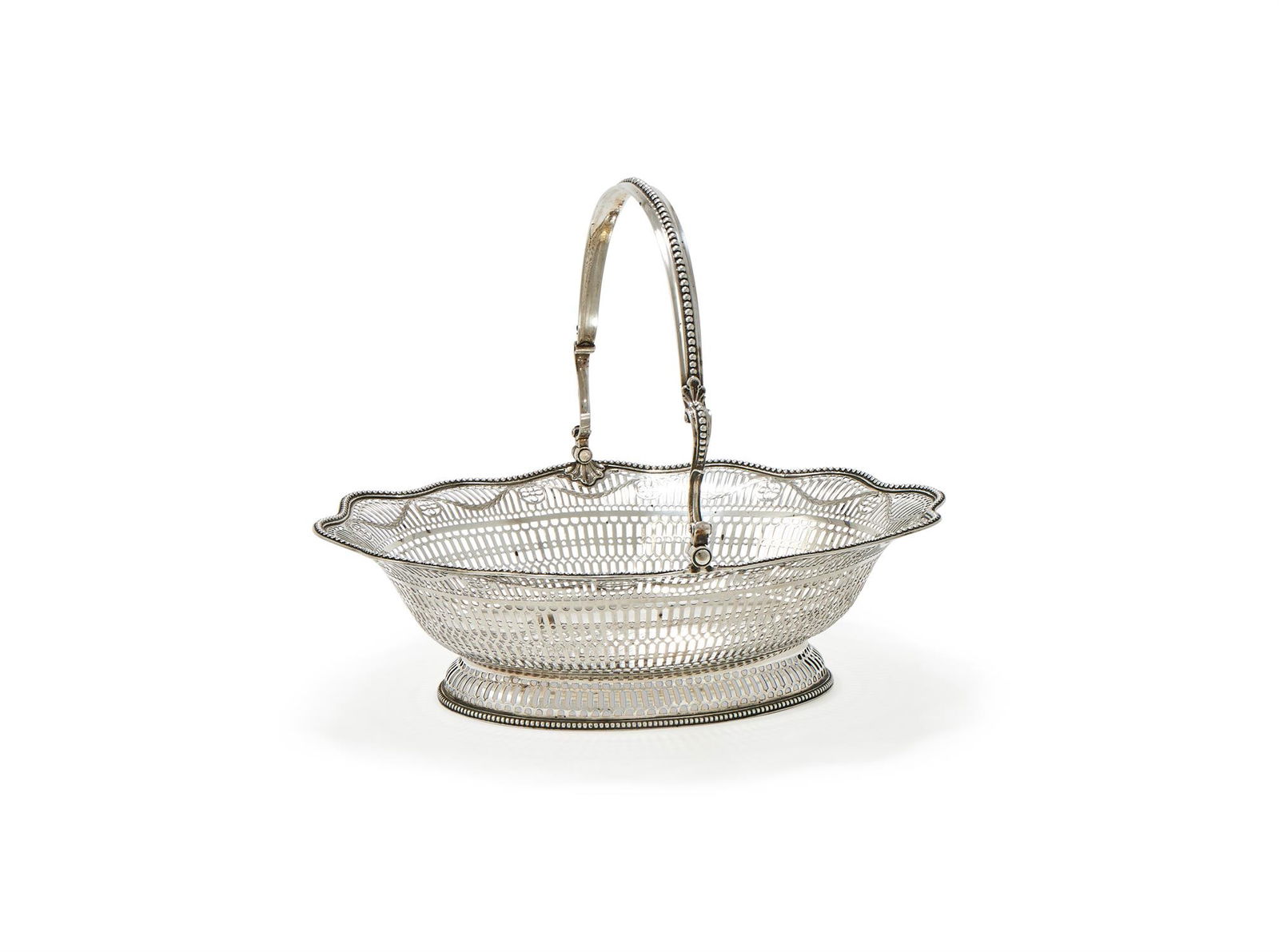 A GEORGE III SILVER SHAPED OVAL SWING HANDLED BASKET (1 of 2)