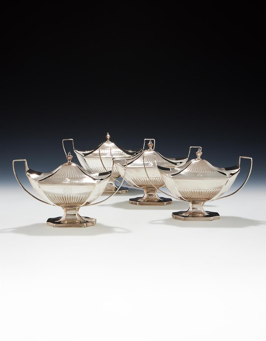 A SET OF FOUR GEORGE III SILVER SAUCE TUREENS (1 of 3)