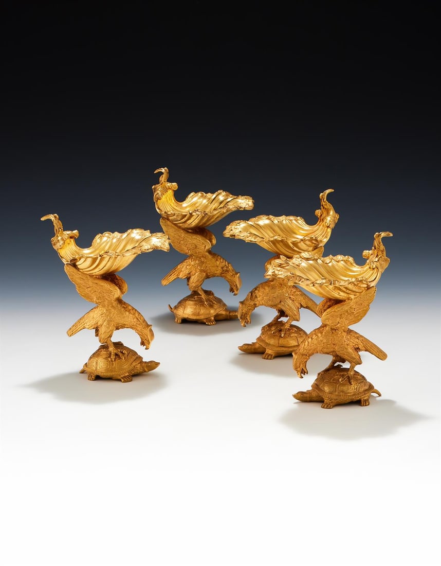 A MATCHED SET OF FOUR GEORGE III SILVER GILT SALTS (1 of 4)