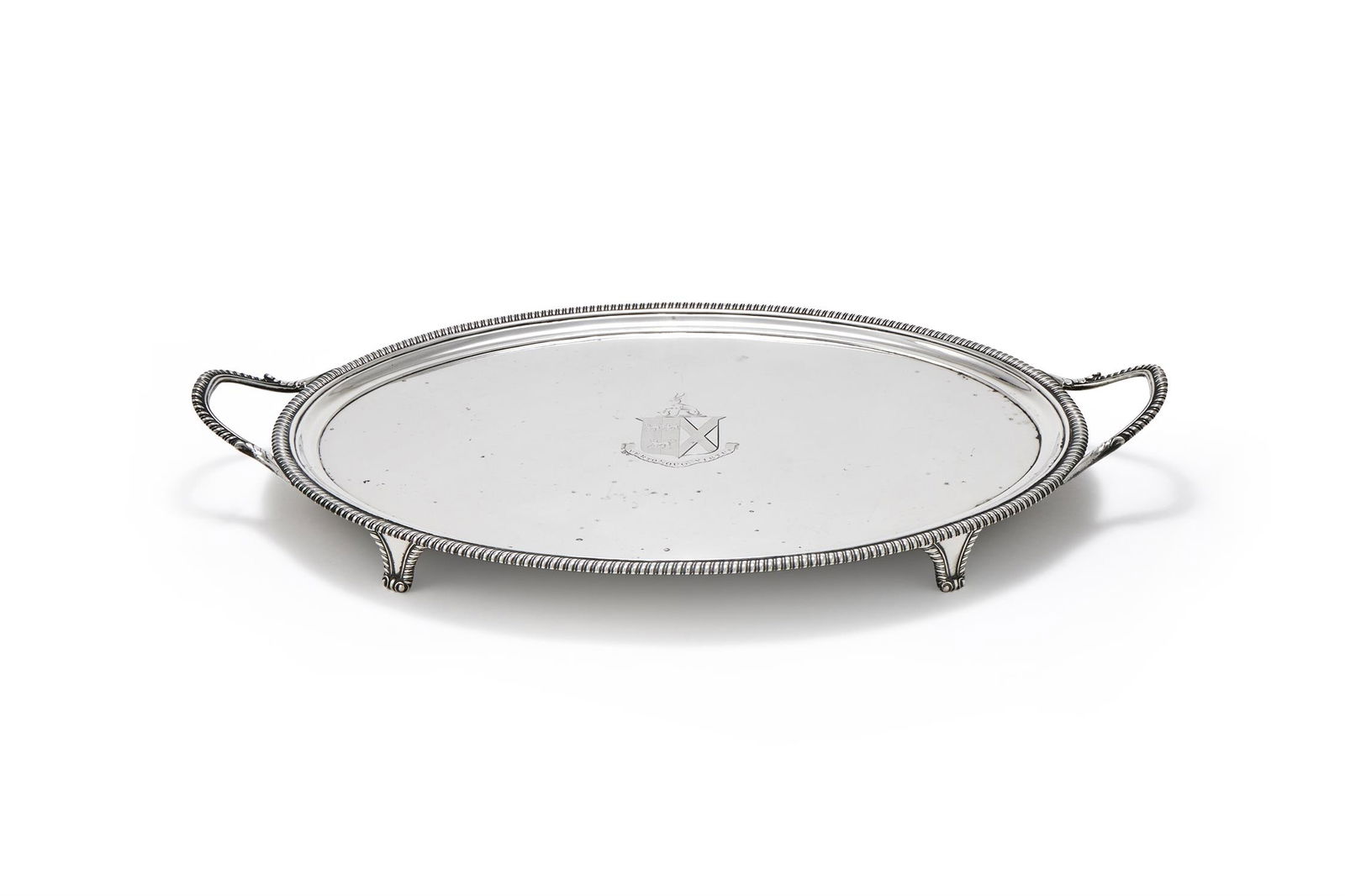 A GEORGE III SILVER OVAL TWIN HANDLED TRAY (1 of 2)