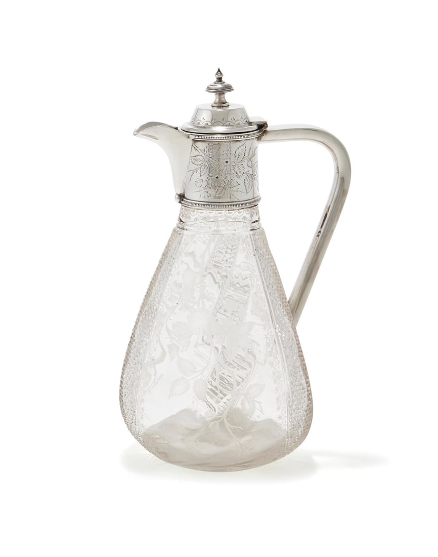 A VICTORIAN SILVER PLATE MOUNTED GLASS CLARET JUG (1 of 3)