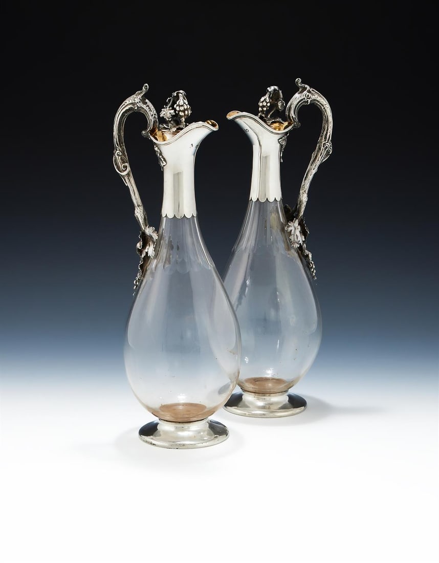 A PAIR OF VICTORIAN SILVER MOUNTED GLASS CLARET JUGS (1 of 5)
