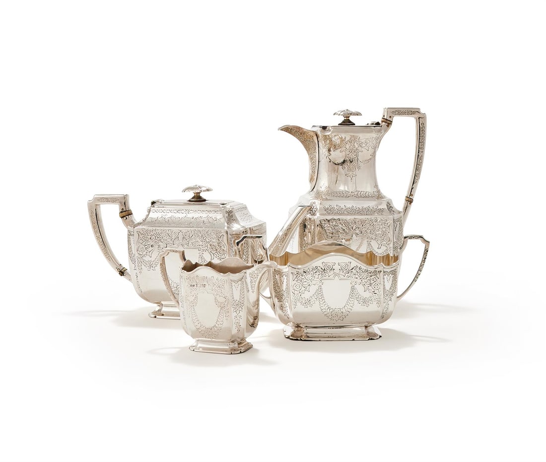 Y A VICTORIAN SILVER SHAPED OBLONG FOUR PIECE TEA SET (1 of 2)