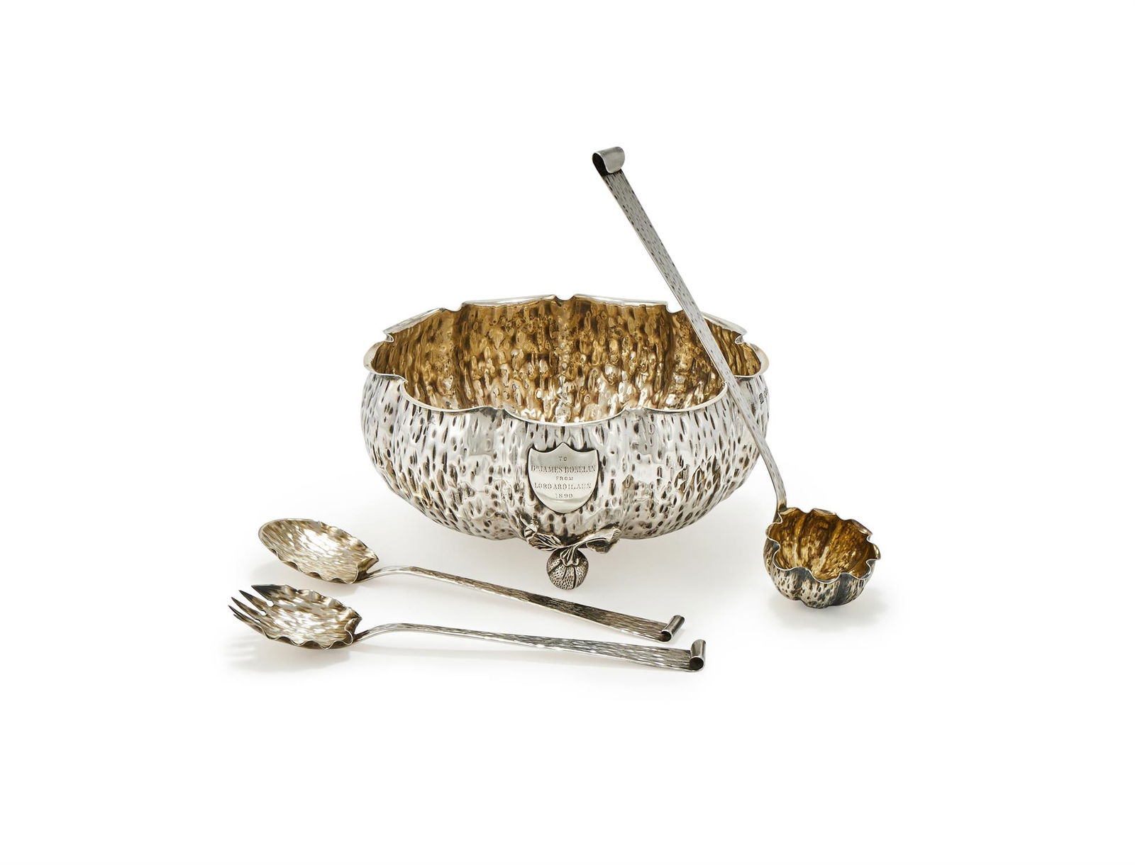 A VICTORIAN SILVER SALAD/PUNCH BOWL AND SERVERS: A VICTORIAN SILVER SALAD/PUNCH BOWL AND SERVERSHUKIN & HEATH (JOHN THOMAS HEATH & JOHN HARTSHORNE MIDDLETON), THE SALAD SERVERS LONDON 1887, THE BOWL AND LADLE 1889The shaped circular textured bowl ap