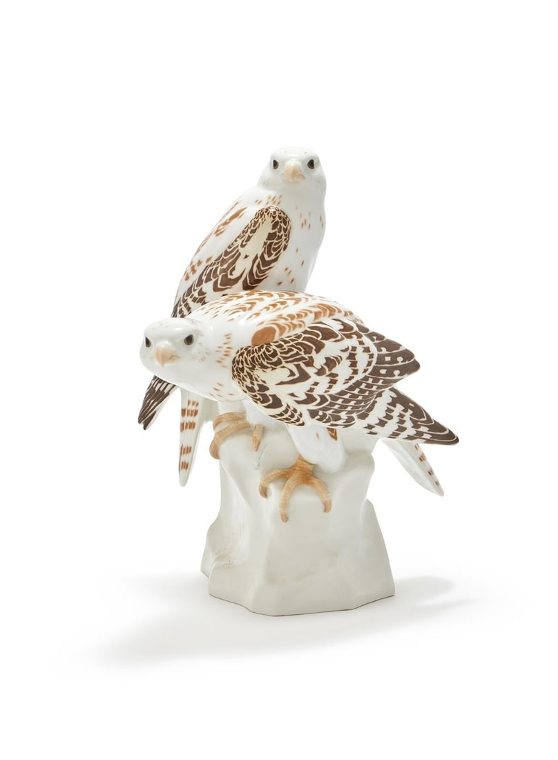 A MEISSEN ART NOUVEAU GROUP OF TWO FALCONS (1 of 5)