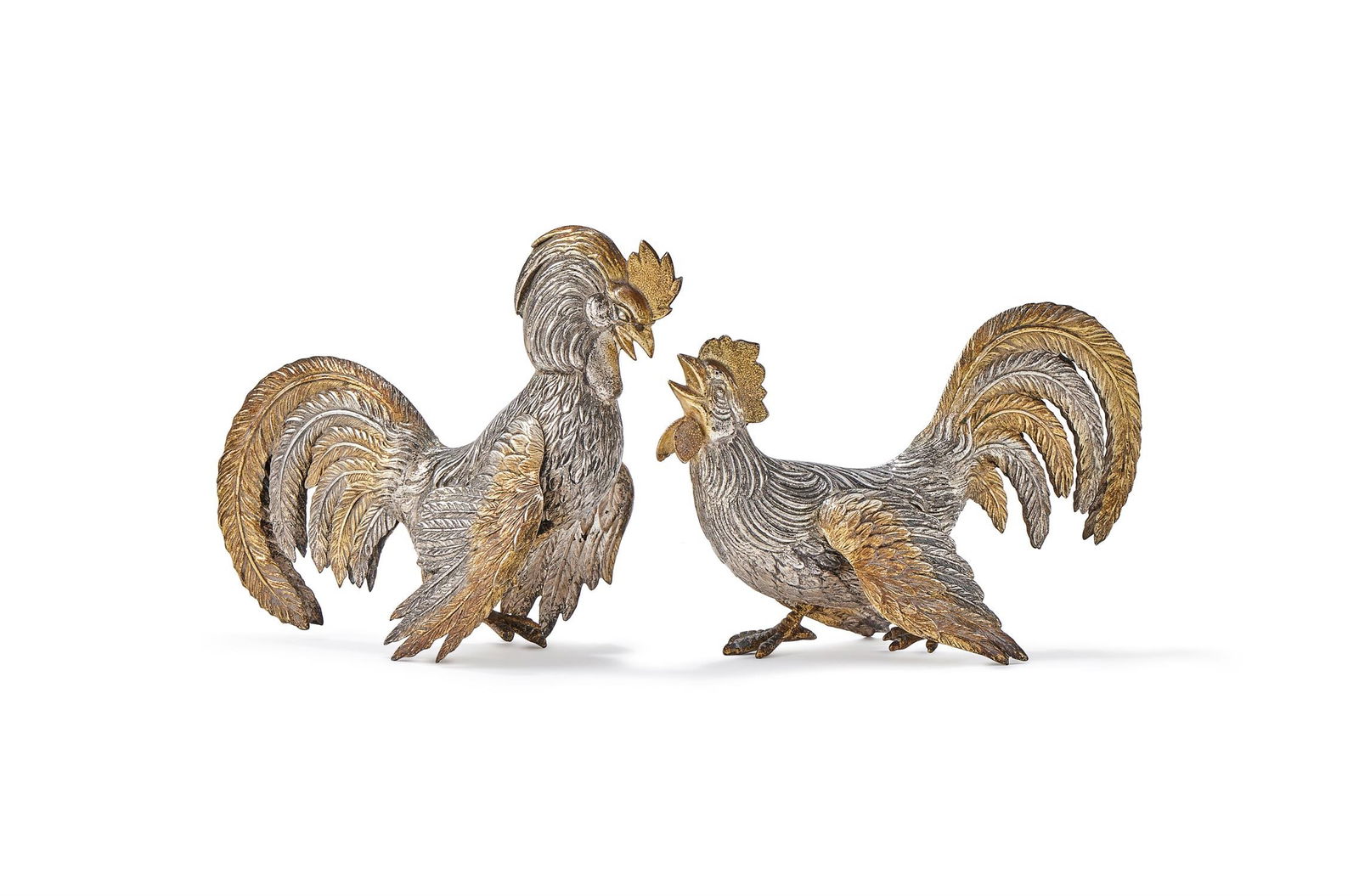 A PAIR OF SPANISH SILVER AND SILVER GILT COLOURED MODELS OF FIGHTING COCKERELS (1 of 2)