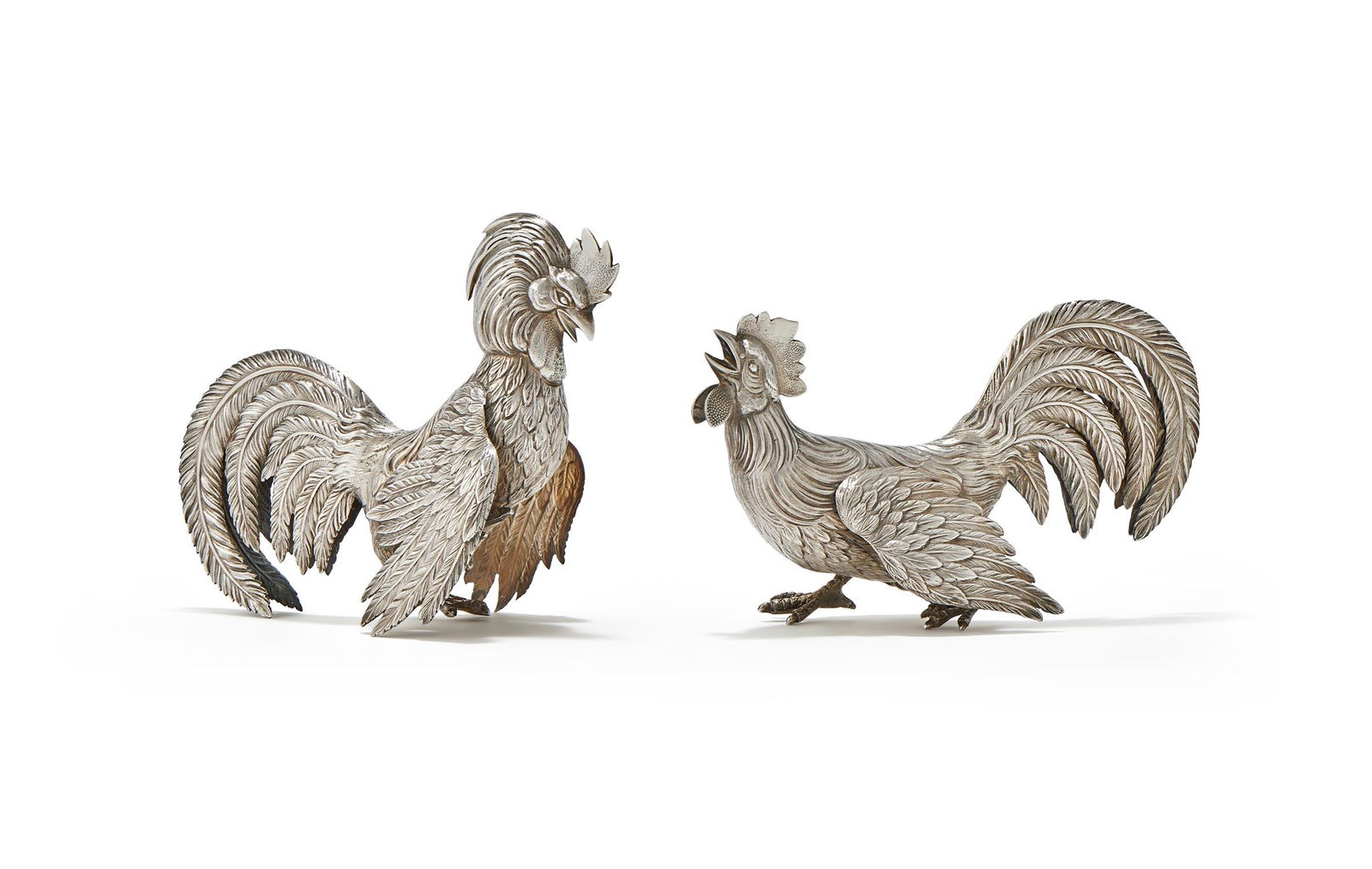 A PAIR OF SPANISH SILVER COLOURED FIGHTING COCKERELS (1 of 2)
