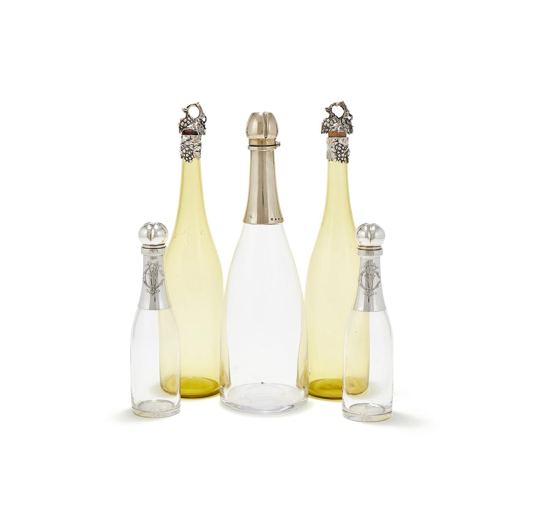 A PAIR OF VICTORIAN SILVER MOUNTED YELLOW GLASS DECANTERS (1 of 5)
