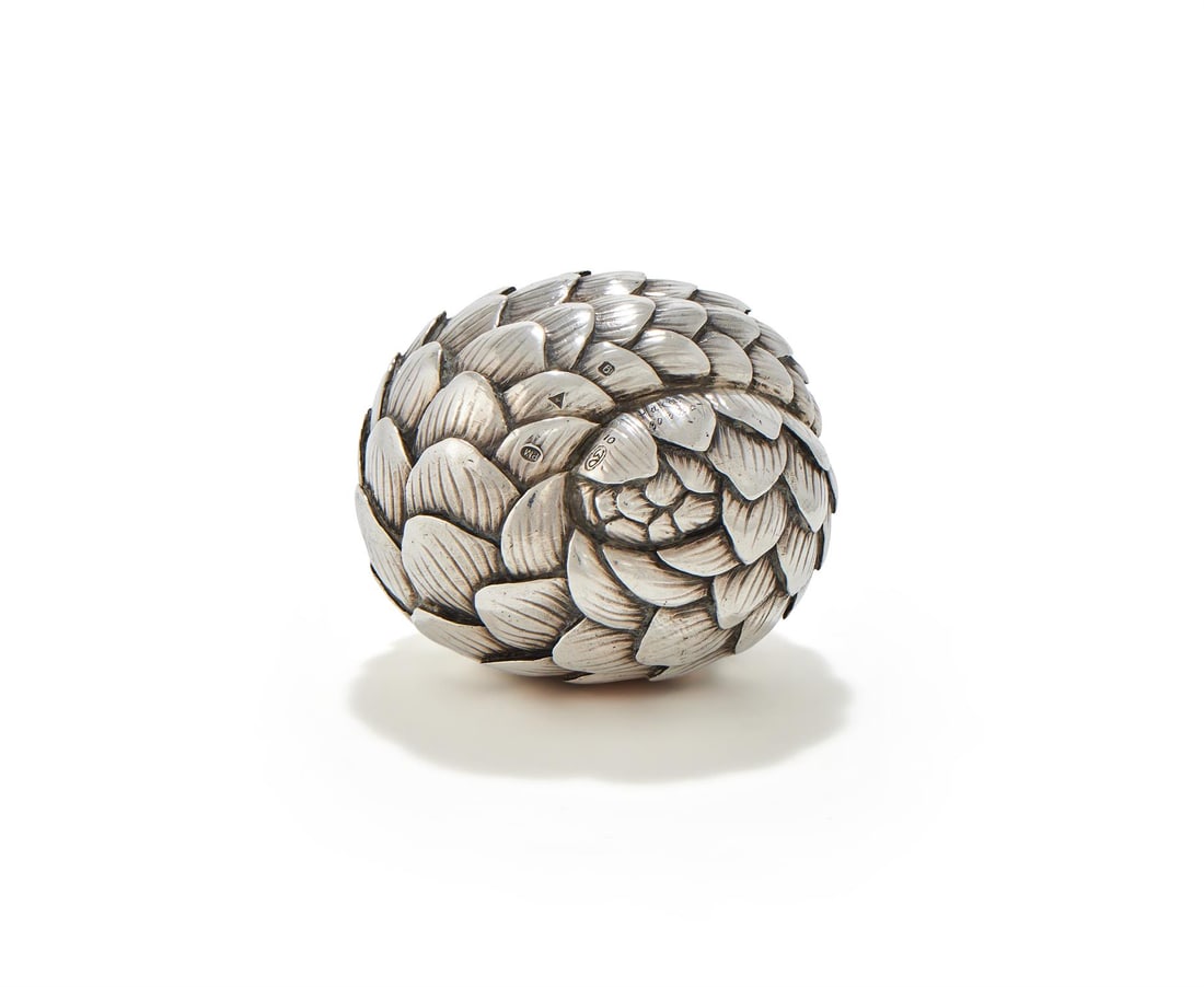 PATRICK MAVROS, A SILVER MODEL OF A ROLLED PANGOLIN (1 of 3)