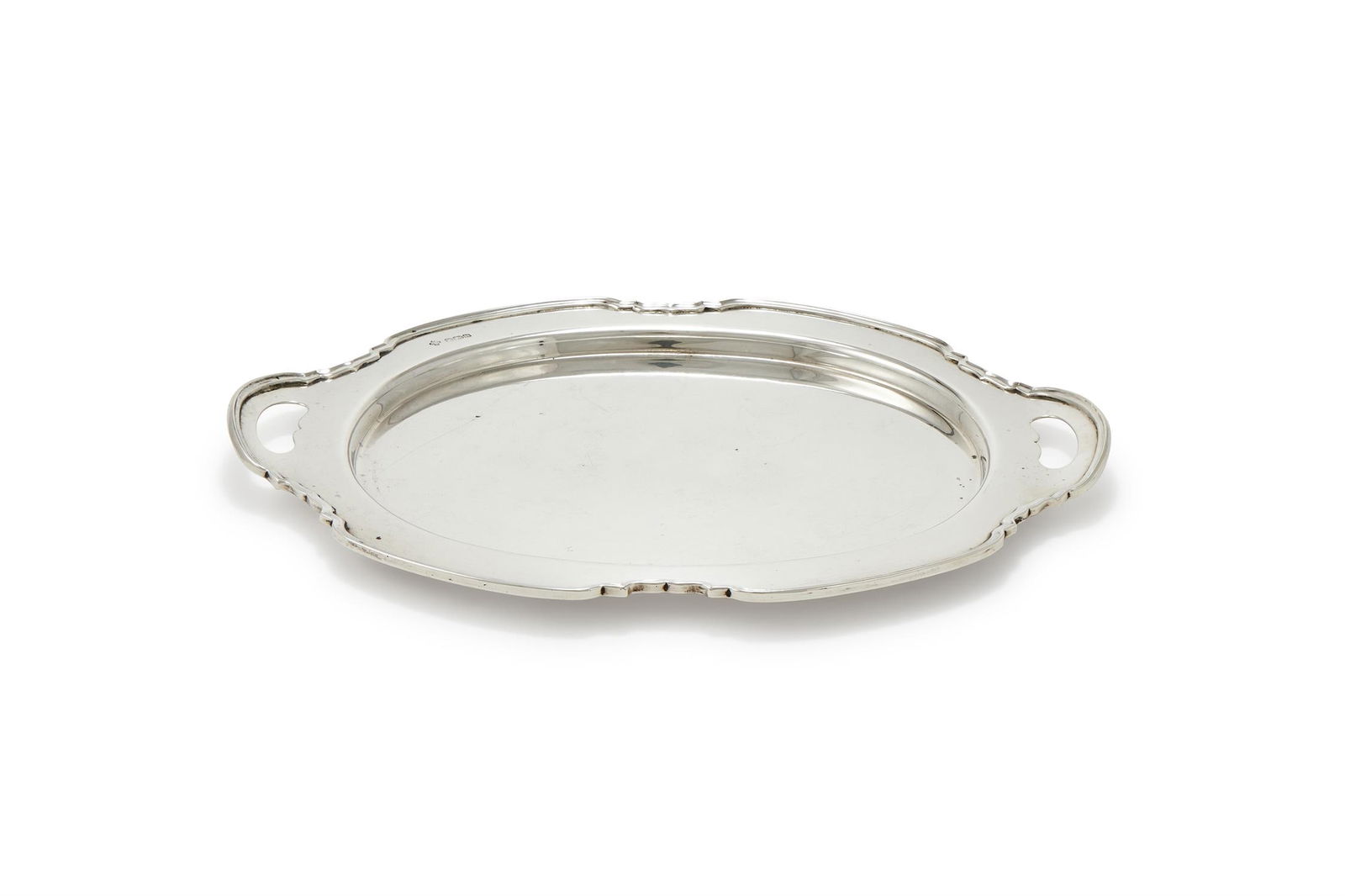 A SILVER SHAPED OVAL TWIN HANDLED TRAY (1 of 2)