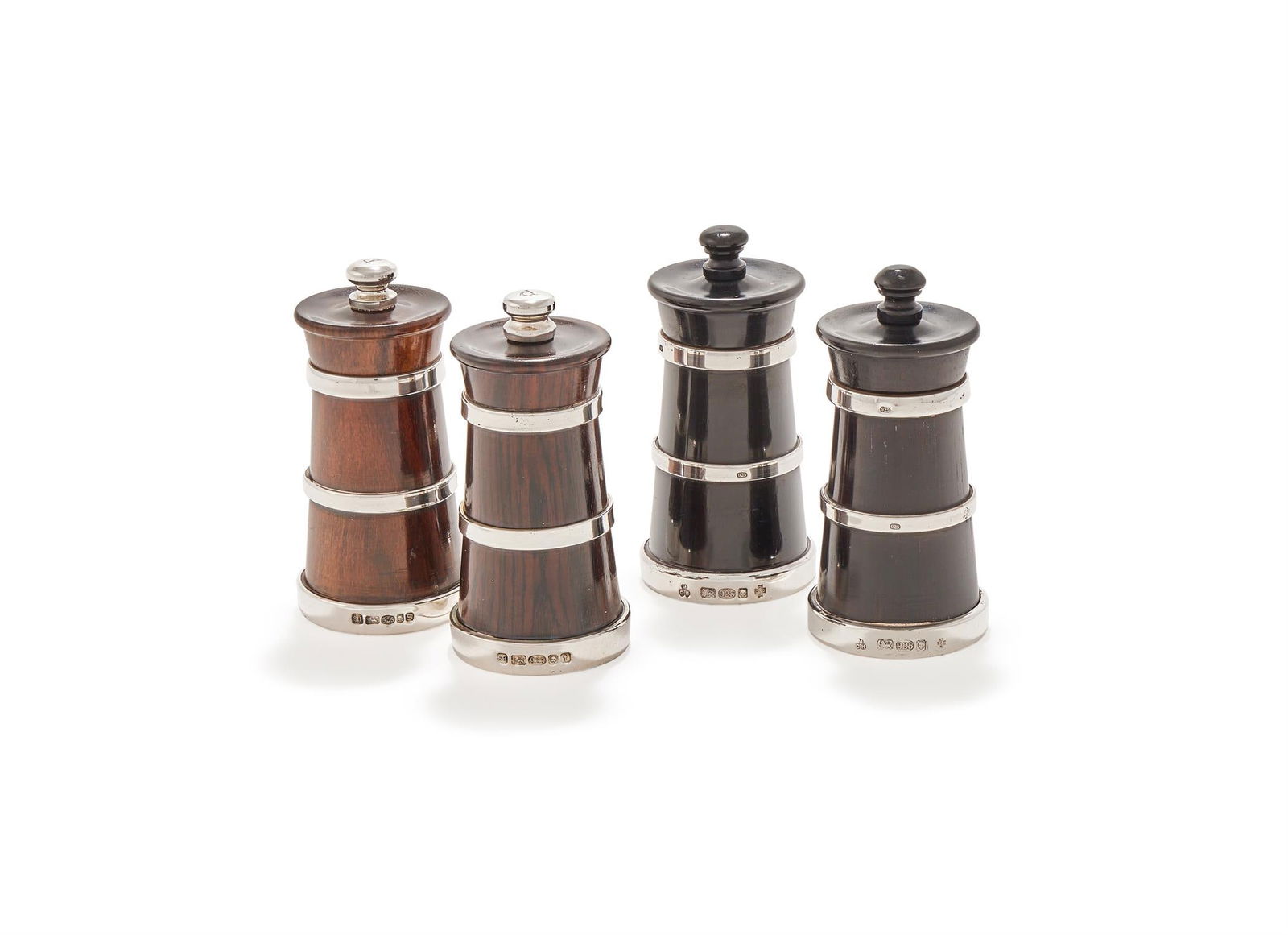 Y TWO PAIRS OF SILVER MOUNTED EBONY SALT AND PEPPER GRINDERS (1 of 2)