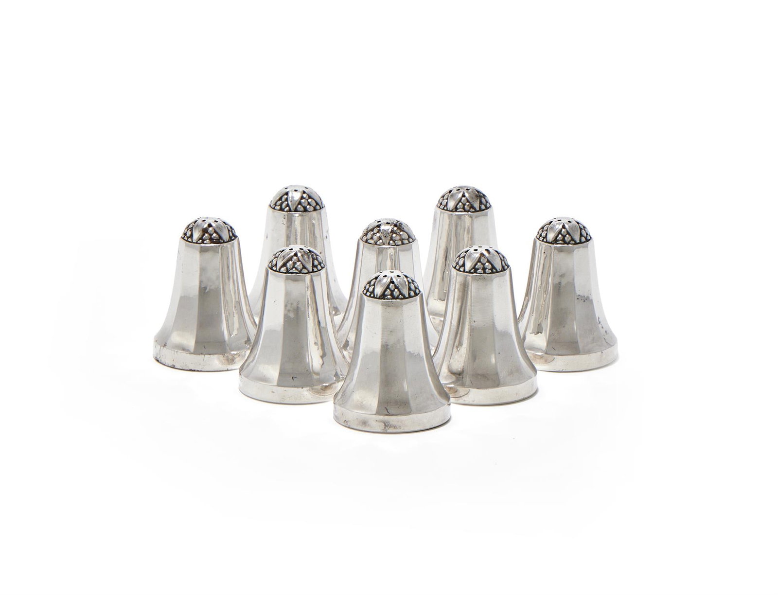 A SET OF EIGHT DANISH SILVER PEPPER SHAKERS (1 of 2)