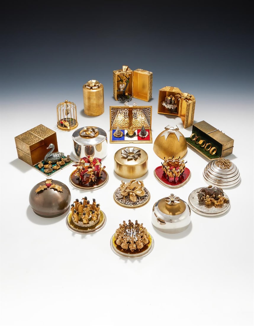 STUART DEVLIN, THE TWELVE DAYS OF CHRISTMAS, TWELVE SILVER, SILVER GILT AND ENAMEL SURPRISE BOXES (1 of 20)