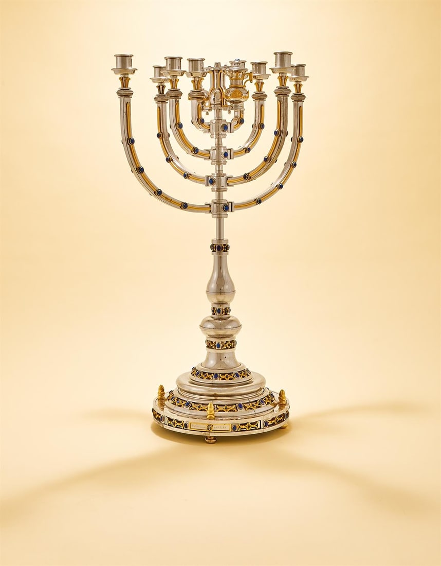 AN ISRAELI SILVER, SILVER GILT AND LAPIS LAZULI MENORAH (1 of 7)