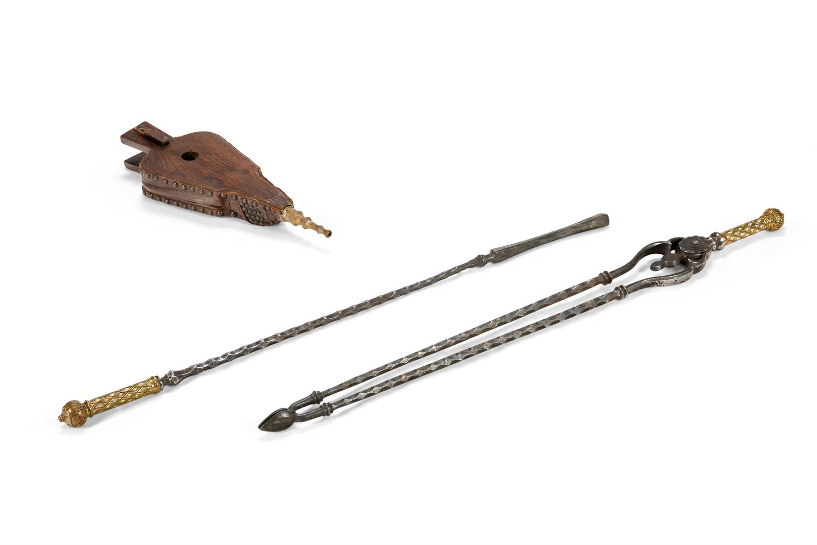 A SET OF THREE EARLY VICTORIAN BRASS HANDLED STEEL FIRE TOOLS, CIRCA 1830-1850 (1 of 1)
