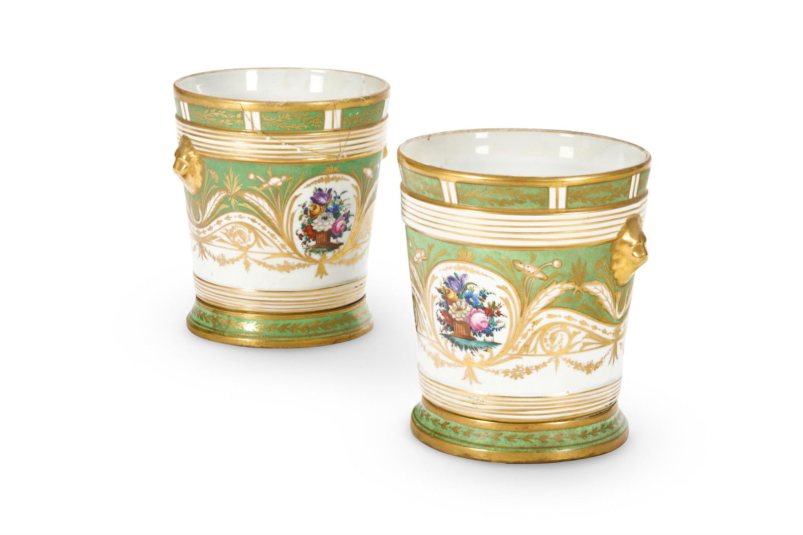 A PAIR OF PARIS PORCELAIN JARDINIERES AND STANDS, MID 19TH CENTURY: A PAIR OF PARIS PORCELAIN JARDINIERES AND STANDS MID 19TH CENTURY Painted with panels of birds, un-marked, 21.5cm high