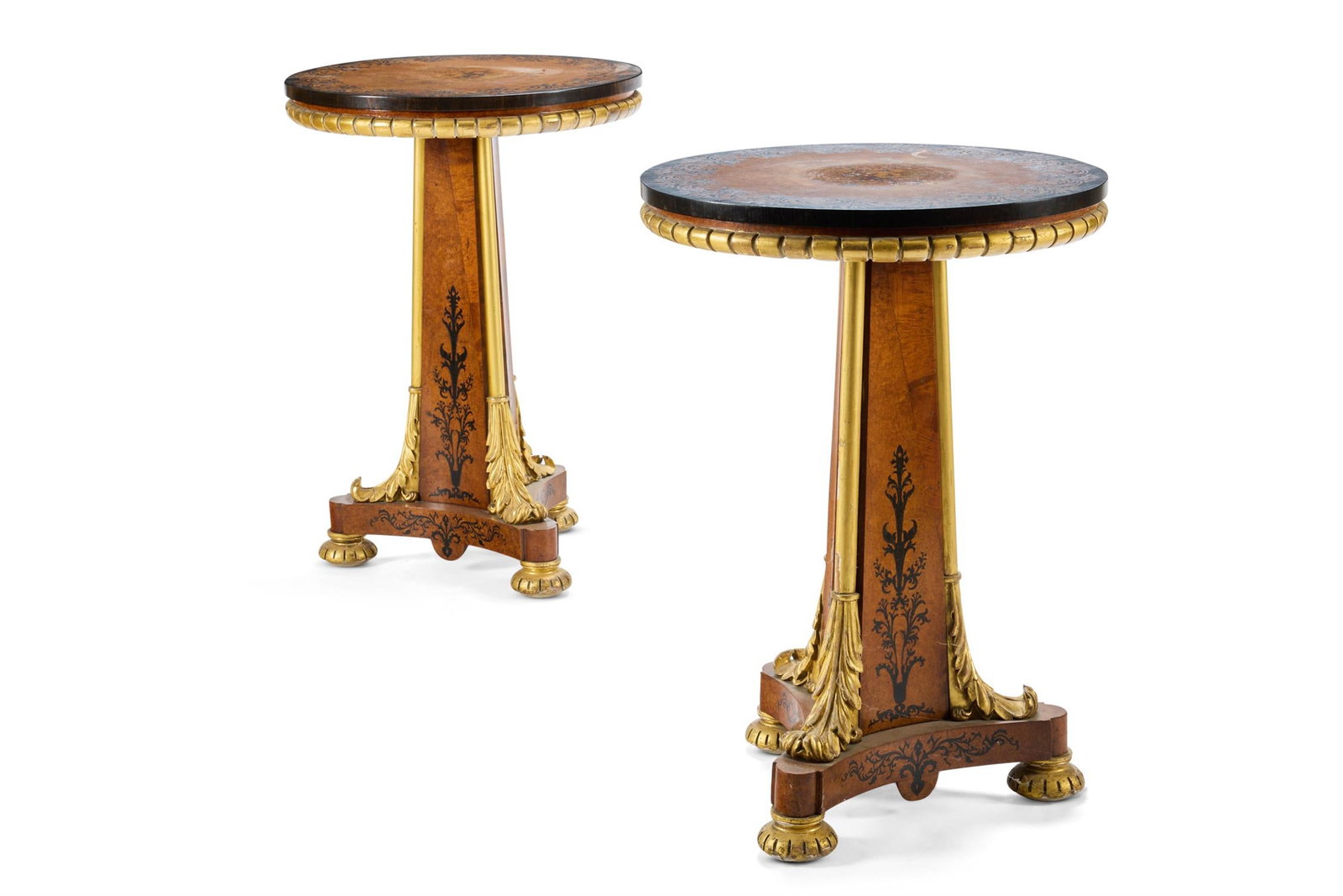 A PAIR OF WILLIAM IV AMBOYNA, EBONY, FLORAL MARQUETRY AND PARCEL GILT CIRCULAR OCCASIONAL TABLES (1 of 2)