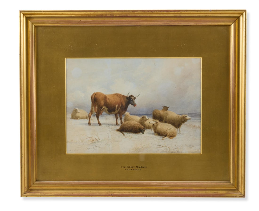 THOMAS SYDNEY COOPER, R.A. (BRITISH 1803-1903), A COW AND SHEEP IN A SNOWY LANDSCAPE (1 of 2)