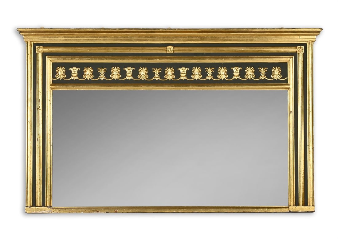 A CARVED WOOD, GILT AND PAINTED OVERMANTLE MIRROR, EARLY 19TH CENTURY: A CARVED WOOD, GILT AND PAINTED OVERMANTLE MIRROR EARLY 19TH CENTURY 110cm high, 183cm wide Condition Report: PLEASE NOTE: ALL LOTS ARE LOCATED AT SACKVILLE WEST STORAGE IN ANDOVER (SP10