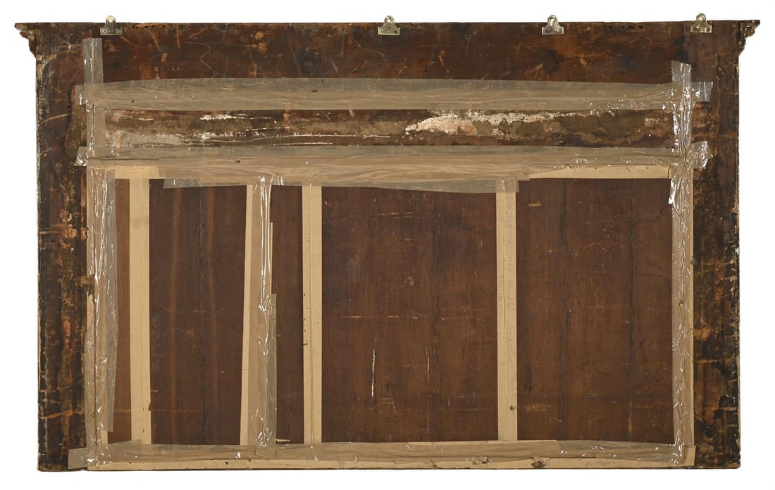 A CARVED WOOD, GILT AND PAINTED OVERMANTLE MIRROR, EARLY 19TH CENTURY - 2