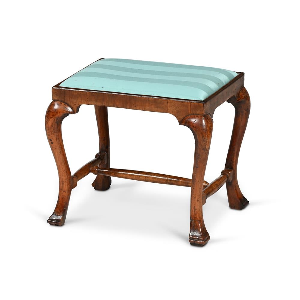 A GEORGE I WALNUT DRESSING STOOL, IRISH, 1720: A GEORGE I WALNUT DRESSING STOOL IRISH, 1720 With drop-in seat and 'H' shaped turned stretchers 42cm high, 49cm wide, 39cm deep Condition Report: PLEASE NOTE: