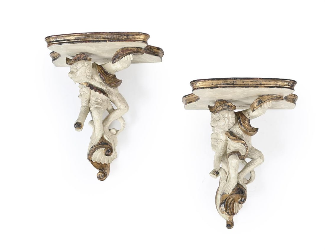 A PAIR OF CARVED, PAINTED AND PARCEL GILTWOOD WALL BRACKETS, 20TH CENTURY - 2