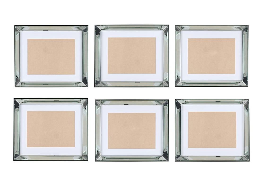 A GROUP OF SIX LARGE RECTANGULAR EBONISED AND BEVELL MIRRORED PICTURE FRAMES, OF RECENT MANUFACTURE: A GROUP OF SIX LARGE RECTANGULAR EBONISED AND BEVELL MIRRORED PICTURE FRAMES OF RECENT MANUFACTURE 63 x 53cm, picture size 42 x 31cm Condition Report: In good condition