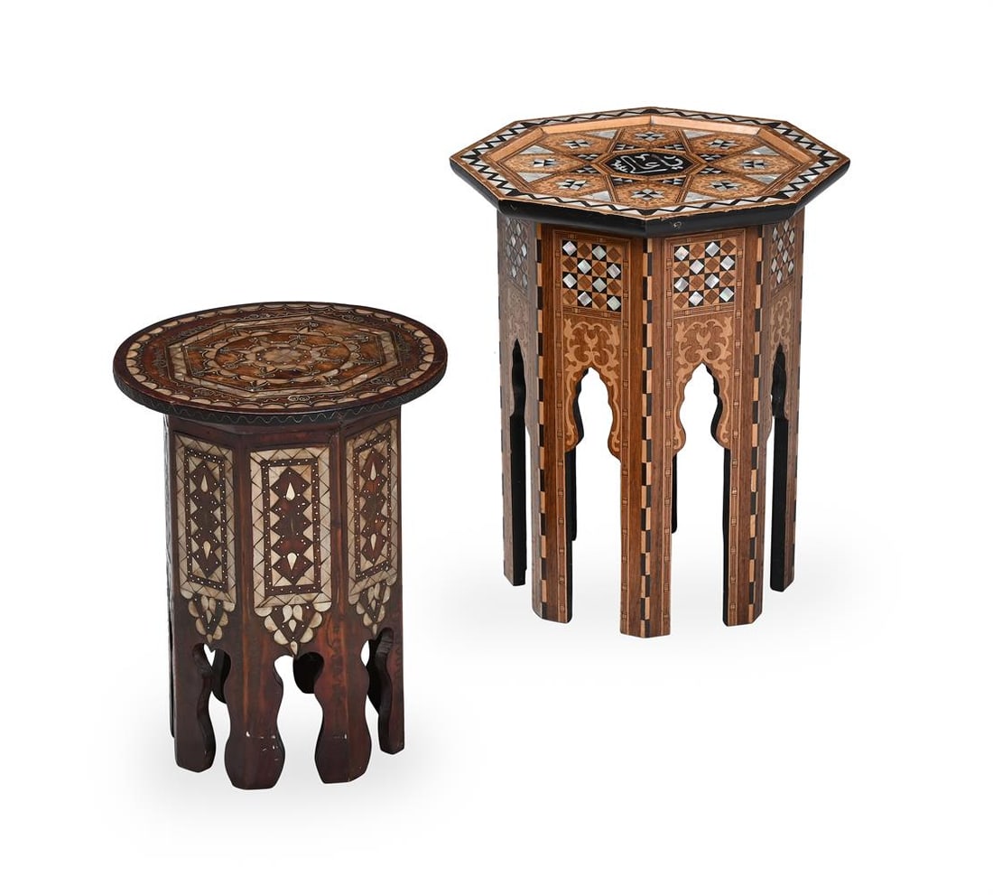 Y A MOTHER OF PEARL AND BRASS INLAID SIDE TABLE, FIRST QUARTER 20TH CENTURY, AND ANOTHER SIMILAR: Y A CIRCULAR MOTHER OF PEARL AND BRASS INLAID PADOUK SID