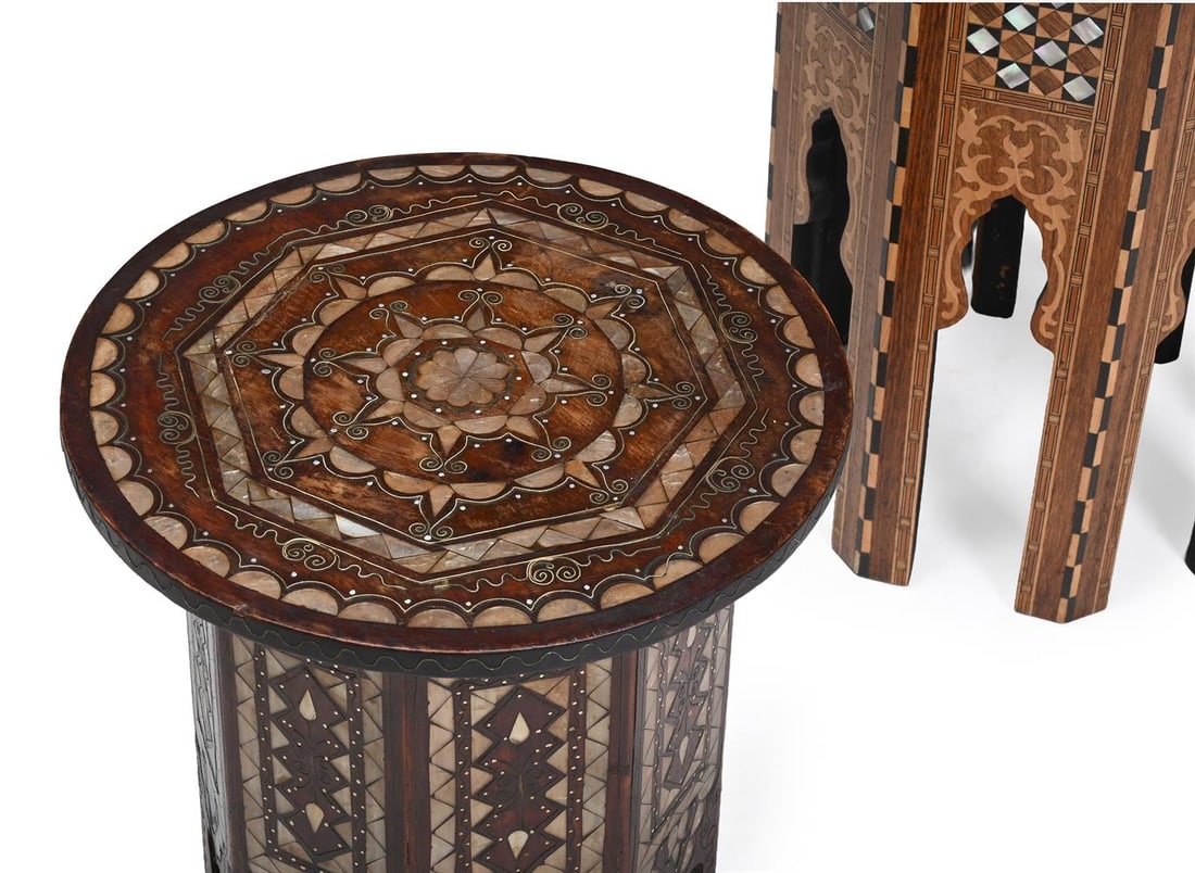 Y A MOTHER OF PEARL AND BRASS INLAID SIDE TABLE, FIRST QUARTER 20TH CENTURY, AND ANOTHER SIMILAR - 2