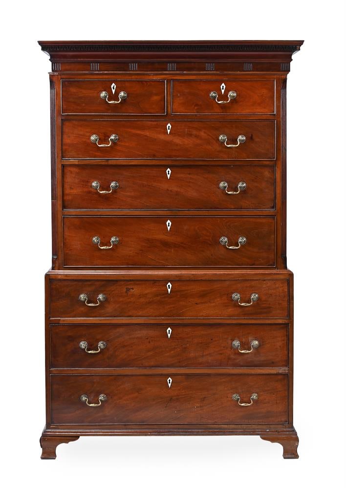 Y A GEORGE III MAHOGANY CHEST ON CHEST, CIRCA 1800: Y A GEORGE III MAHOGANY CHEST ON CHEST CIRCA 1800 With ivory escutcheons 183cm high, 113cm Wide, 57cm deep Please note Dreweatts have applied for a de minimis exemption