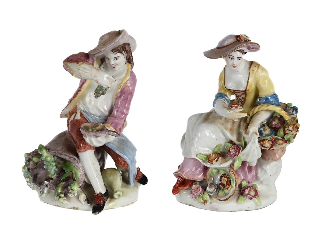A PAIR OF BOW PORCELAIN FIGURES EMBLEMATIC OF SUMMER AND AUTUMN, CIRCA 1755: A PAIR OF BOW PORCELAIN FIGURES EMBLEMATIC OF SUMMER AND AUTUMN FROM A SERIES OF THE FOUR SEASONS CIRCA 1755 each approximately 12.5-13cm high, 8cm at base Note Bow Porcelain
