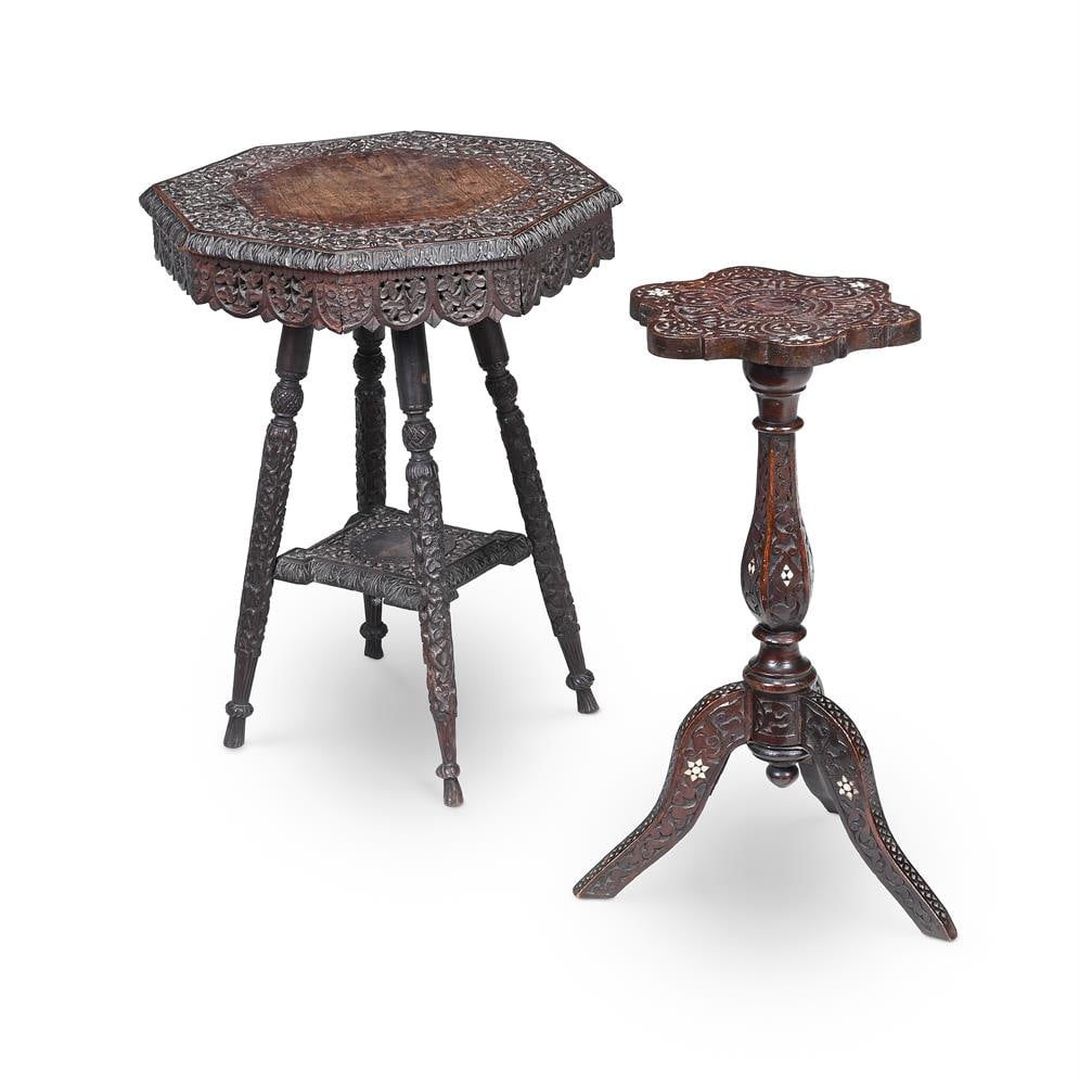 Y AN ANGLO-INDIAN CARVED PADOUK OCTAGONAL TEA OR OCCASIONAL TABLE, 19TH CENTURY: Y AN ANGLO-INDIAN CARVED PADOUK OCTAGONAL TEA OR OCCASIO
