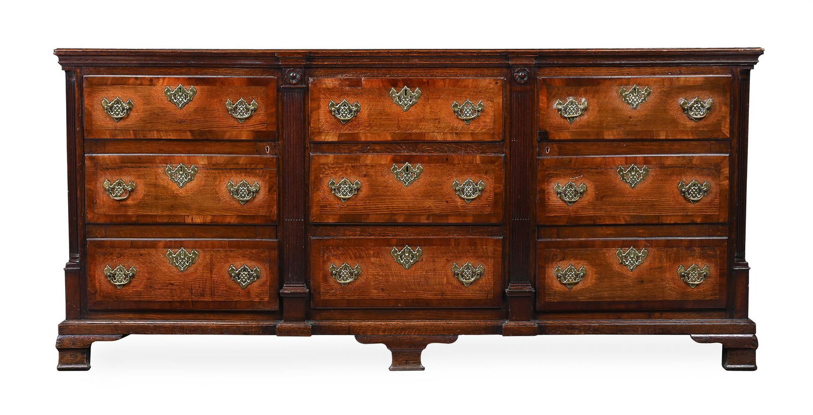 A GEORGE II OAK AND MAHOGANY BANDED LOW DRESSER, NORTH WEST ENGLAND, MID 18TH CENTURY: A GEORGE II OAK AND MAHOGANY BANDED LOW DRESSER NORTH WEST ENGLAND, MID 18TH CENTURY 90cm high 196cm wide, 56cm deep Condition Report: PLEASE NOTE: ALL LOTS ARE LOCATED